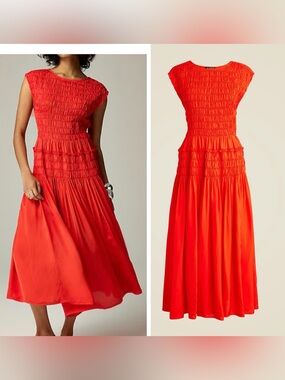 J.Crew Twill Maude Draper, fitted, smocked bodice, Flowy Red Orange Midi Dress S